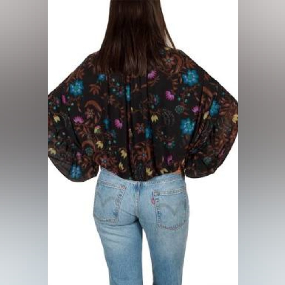 FREE PEOPLE Wildflower Mesh Blouson Top Ruffle Long Sleeve Oversized XS 2 4 6 - Picture 2 of 8